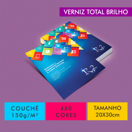 Flyers / Folhetos Couchê 150g/m² Couchê Brilho 150g/m² 20x30cm 4x0 Verniz Total Frente e Verso Corte Reto 