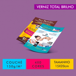 Flyers / Folhetos Couchê 150g/m² Couchê Brilho 150g/m² 15x20cm 4x0 Verniz Total Frente e Verso Corte Reto 