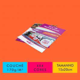 FLYERS / FOLHETOS COUCHÊ 170G/M² Couchê Fosco 170g/m² 15x20cm 4x4 Verniz Total Fosco Frente Corte reto 